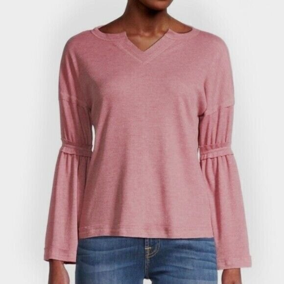 Baea Split Neck Flare Sleeve Thermal Top Womens M Pink Blush Knit Pullover NWT - Picture 1 of 8